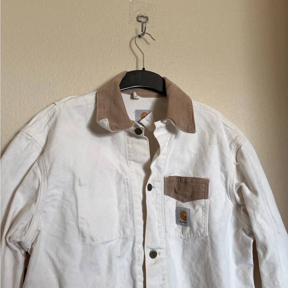 Vintage Carhartt Chore Barn Jacket Sz L in‎ White Tan Corduroy Workwear